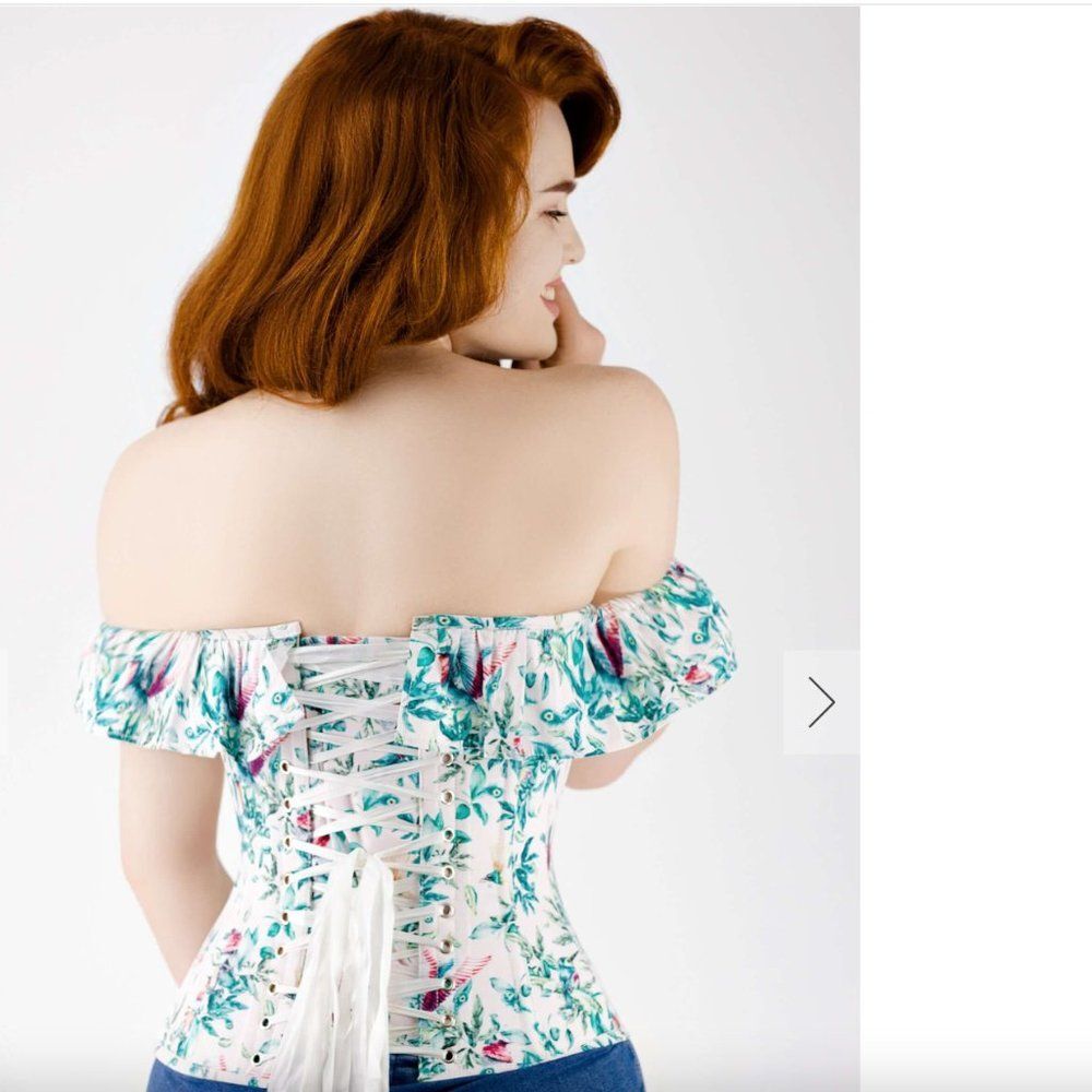 Corset Story Top UK 18 US 14 Novelty Rockabilly Turquoise Ruffle Bird Butterfly - Picture 13 of 15